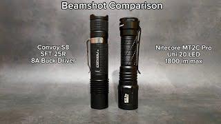 Beamshot Comparison - Convoy S8 SFT-25R 8A Buck Driver vs NITECORE MT2C Pro Uhi 20 1800 lumens