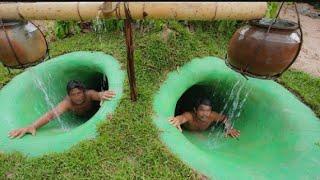 How to complete build underground swimming pool and water slide || Jungle Survival Skills