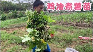 农村90后妈妈拿昨天吃剩下的鸡油煮红薯苗，又香又滑，4个孩子都很喜欢吃【一帆妈妈】