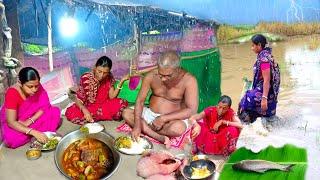 Indian Village Life। Heavy Rain Early Morning Routine। Cooking Traditional Village Food Fish Curry