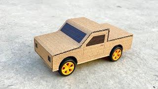 How to make a cardboard pickup truck car with dc motor and 9 v battery at home .