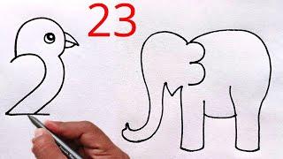 How to draw parrot and elephant from number 23 | Easy drawing for beginners | number drawing
