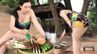 Yumi Daily Life | Yumi Cooking Pork rolling Sugarcane | Nuen Daily Life
