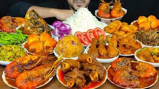 EATING BIG PRAWN MASALA+MUTTON ROGAN JOSH+CHICKEN CURRY+FISH HEAD+EGG CURRY+ALU BHORTA+BHAJI+PAKORA