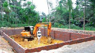 Farm Building TIMELAPSE: Alone Girl Build Fish Pond With Many Bricks. Excarvator Dig Soil