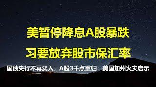 股市一夜2噩耗：美联储不再降息，央行暂停买入国债，3000点保卫战又要打响；习总会不会放弃A股治疗；加州火灾是对人类的预警。