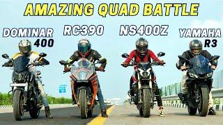 PULSAR NS400z vs KTM RC390 vs YAMAHA R3 2024 vs DOMINAR 400 drag race | amazing quad battle