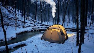 Hot Tent Camping in Freezing Rain |  Snowy Valley by a Stream