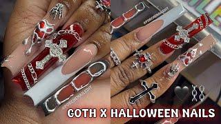 RED & BLACK GOTHIC X HALLOWEEN NAILS 🩸️ | AIRBRUSH | 3D CHROME HEART 🩶 | ACRYLIC NAIL TUTORIAL 