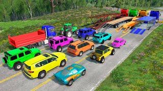 Flatbed Trailer Cars Transportation with Truck - Speedbumps vs Cars vs Train - BeamNG.Drive #94