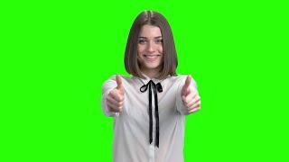 Girl shows thumbs up Green screen - Girl shows thumbs up on Chroma key