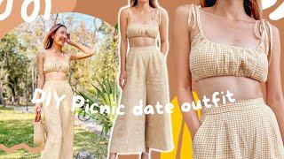 DIY Matching set (gathered crop top & High waisted wide leg pants)|Dating wardrobe| Ep 2-Picnic date