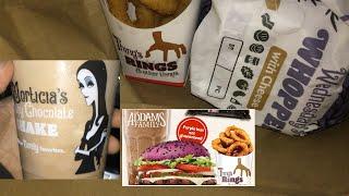 Mukbang Let's try The Addams Family Wednesday Whopper meal Onion Rings Morticia's Creepy Kooky Meal