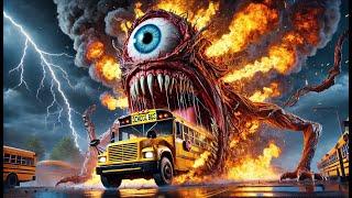 Kitty Spiderman encountered a mutant school bus monster on his way to school