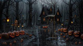 Spooky Night Village HALLOWEEN Ambience with Relaxing Heavy Rain and Thunderstorm Sound for Sleeping