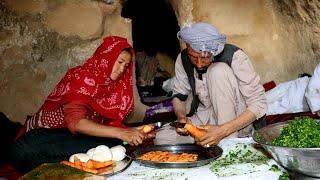 A loving couple cooks alone after their eldest daughter gets married/Cave/Village Life Afghanistan