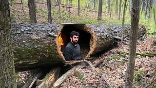 Man Builds SECRET SHELTER Inside Fallen Tree | Solo Survival by @BushcraftHakankarahan