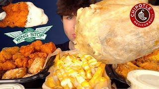 ASMR MUKBANG WINGSTOP & CHIPOTLE GIANT BURRITO CRISPY CHICKEN & FRIES | WITH CHEESE