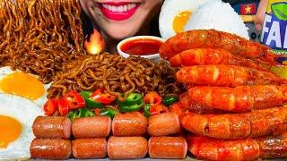 ASMR SPICY GARLIC BUTTER SHRIMPS, RICE, SAUSAGES, EGGS, BLACK BEAN NOODLES MASSIVE Eating Sounds