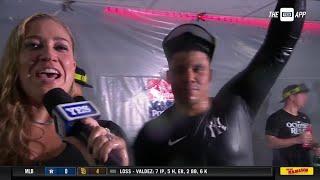 Juan Soto takes a dance break during his postgame interview