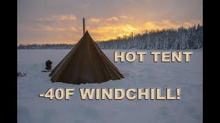 -40°F WINDCHILL Hot Tent Overnight!  Snowfall, Windy & 3 Good Dudes!