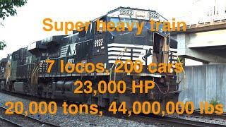 Very heavy train, 7 diesel engines, 200 cars, 23,000 HP, 20,000 tons, Norfolk Southern, Atlanta, GA