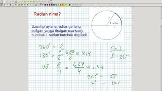 Trigonometriya elementlari. Burchakning radian o'lchovi. Algebra 9-sinf. 21-dars