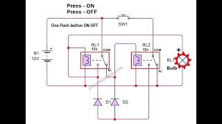 Relay one push button on-off switch simulation | One pushbutton on off relay switch circuit.