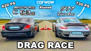 Tuning! Mercedes-AMG C63s  vs. Porsche 911 turbo: Drag Race 1/4 Meile & 1 Kilometer