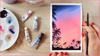Watercolor Painting Ideas for Beginners - How to Paint a Cotton Candy Sunset with Palm Trees