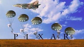 Five Luxo Lamps Parachute Jump From Aircraft Spoof Pixar Logo