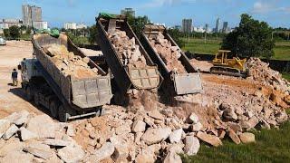 Ep131| Incredible Komatsu Dozers Operated Pushing Stone to Filling Up Big Project With 25t Dumper..