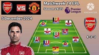 Arsenal vs Manchester United ~ Potential Line Up Arsenal Matchweek 14 Premier League 2024/2025