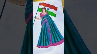 Beautiful saree drawing green🟢with hoisting flag# shorts# ytshort# viralshorts# unique ideas