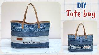 Sewing diy tote bag from old jeans waistbands ,how to sew denim tote bag ideas, tote bag tutorial