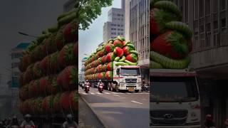 Evolution from a truck carrying giant strawberries to a snowy winter scene