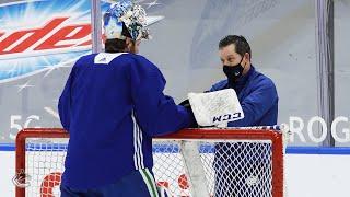 Thatcher Demko and Braden Holtby With Goaltending Coach Ian Clark