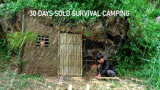 30 Days solo survival CAMPING. Heavy Rain, Primitive Survival Shelter under the giant rock, Cooking