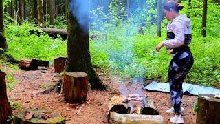 ASMR Solo beauty camping|Cooking steak on the fire and raspberry tea