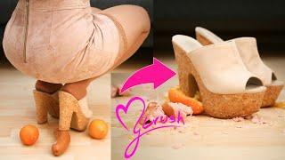 ASMR - Crushing a sausage and oranges with wooden high heels