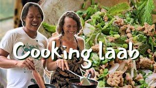 My Thai husband teaches me how to cook LAAB, spicy salad from Thailand! | Cooking with Mon