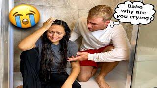 CRYING IN THE SHOWER FULLY CLOTHED PRANK ON HUSBAND!! *CUTEST REACTION*
