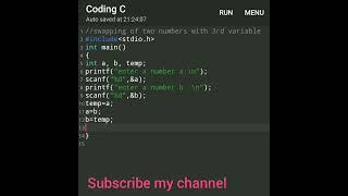 swapping of two numbers with 3rd variable in c