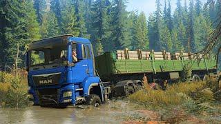 SnowRunner Mods - MAN TGS 480 6X6 Trailer - Driving Offroad Transporting Metal Beam