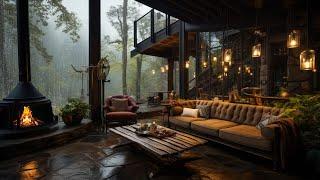 Cozy Cabin Balcony on Rainy Day Ambience - Smooth Piano Jazz Music for Relax, Stress Relief ️