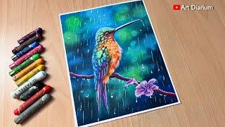 Hummingbird Nature Drawing with Oil Pastel Step-by-Step tutorial