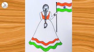 How to draw a girl holding Indian Flag||Independence Day Drawing||Easy Drawing ideas for Beginners