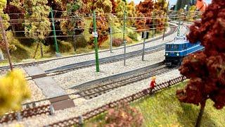 Zugverkehr auf wunderschöner H0 Modelleisenbahn im Herbst Layout