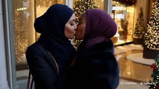 Beautiful muslim women kiss in a festive mall | Lesbians Kissing