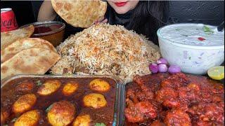 ASMR EATING SPICY CHICKEN BIRYANI,CHICKEN LOLLIPOP,EGG CURRY,SOFT PARATHA,RAITA AND EXTRA GRAVY